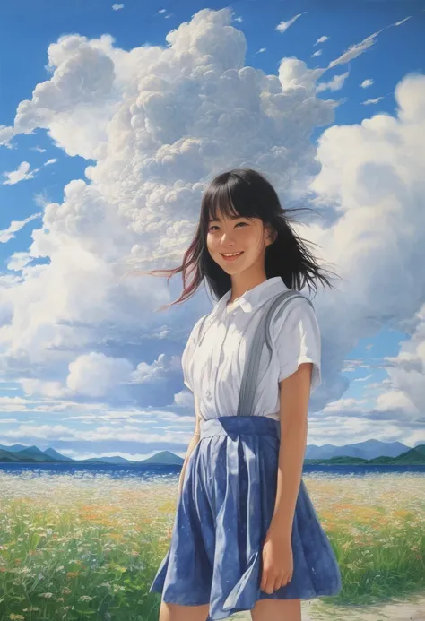 artwork:Yoshiyuki Sadamoto、Beautiful girl、16 years old、Turn around and smile at the viewer、Half-close your eyes、Smiling with teeth showing、、water droplets、Blue sky and cumulonimbus background、Summer vacation、Summer Traditions、(Yoshiyuki Sadamoto スタイル:1.4)、...