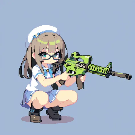 Pixel art, Plain background, girl wearing high , summer uniform, short sleeves, military boots, glasses, holding M4A1, mini skirt, beret, squatting 