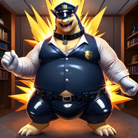 Solo, Male, fat, extremely obese, gentleman, dapper Typhlosion, blue eyes, (soft shading), 4k, hi res, ((detailed face, detailed)), looking at viewer, evil grin, police station, collared shirt with buttons, hat, male focus, Police Uniform, glasses, monocle...