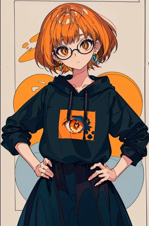 A masterpiece，Black short hair，Orange pupils，Font，poster，jump，，Hair Bunch，Black shallow frame glasses，earrings，Black Hoodie，Dress fashionably，Standing picture，laid back，best quality, Illustration style，Large aperture portrait， Anime Girl, beautiful eyes, s...