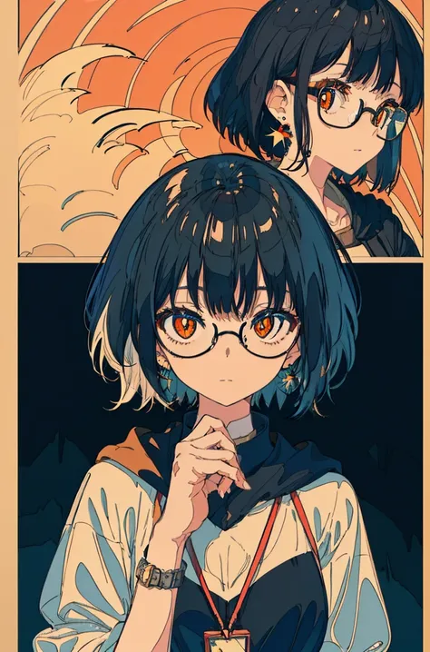 A masterpiece，Black short hair，Orange pupils，Font，poster，jump，，Hair Bunch，Black shallow frame glasses，earrings，Black Hoodie，Dress fashionably，Standing picture，laid back，best quality, Illustration style，Large aperture portrait， Anime Girl, beautiful eyes, s...