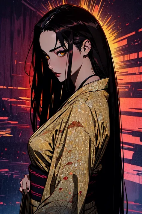 hyper-realistic of a mysterious woman with flowing dark hair, piercing yellow eyes,  backwards, looking back, upper body, (dark yukata), (dark lips), (extremely straight hair)