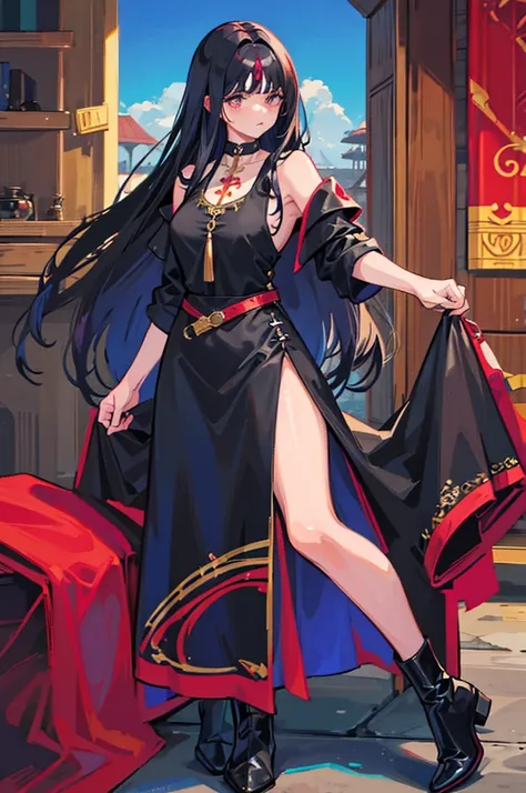 full body view with a black shirt medieval clothes and leather boots and hair shirt open tank top sample chest red eye Beautiful woman with long hair black hair, purples eyes, standing, corpo inteiro cabelos longos abaixo da coxa pele morena pele escura pe...