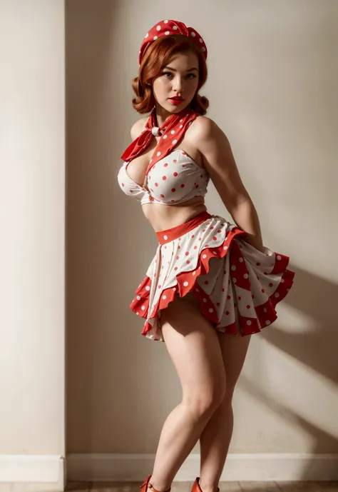 illuminated frontal, facing the camera, photo taken from afar, redheaded woman, full body from the front, strong pose, empowered redheaded woman, white redheaded woman, orange hair, wavy red hair, with clothes, thick legs, big ass, breasts large, hair swep...