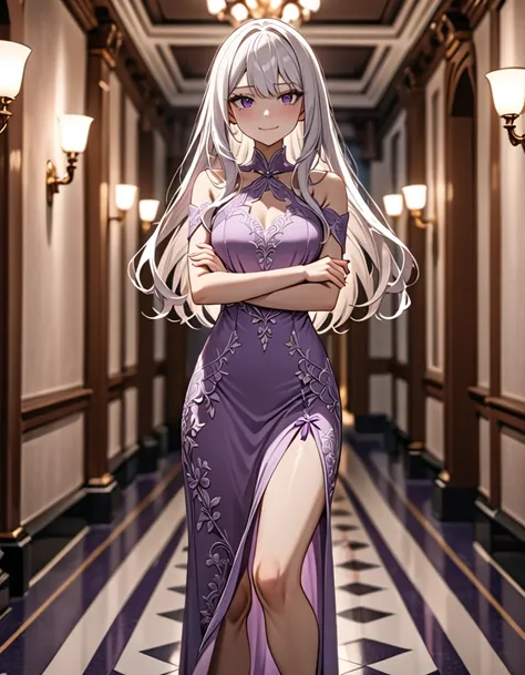 1 girl, short, slim, purple eyes, very long hair, reaching ankles, white hair, light purple dress, hallway, blurry background, smirking, crossing arms, 8k, masterpiece, dim lighting, best quality, very aesthetic, absurdres, newest, intricate details, intri...