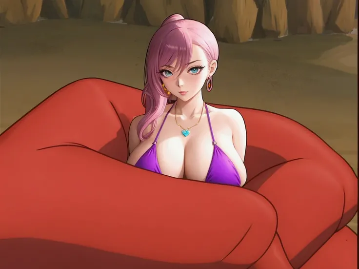 anime girl in a purple bikini sitting on a red couch, seductive anime girl, nico robin, faye valentine, oppai, beaching, pudica pose, sexy pudica pose gesture, sexy gaze, kda, sfw version, beautiful alluring anime woman, juri misaki, bara, pixiv 3dcg, smoo...