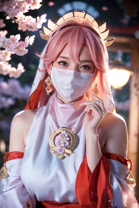 kpop idol, yae miko, detached sleeves, bare shoulders, pink hair, long hair, japanese clothes, best quality, (painting:1.5), (hair ornament:1.35), jewelry, purple eyes, earrings, (big round breasts, large breasts: 1.2), torii, cherry blossoms, lantern ligh...