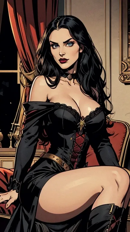 an adult woman,with long silky black hair,greeneyes, red thin lips,Round face,big perky breasts,Broad Hips,white skin tone, wearing a long black gothic dress of the French aristocracy,sultry and attractive,sitting in a pompous red armchair, setting a room ...