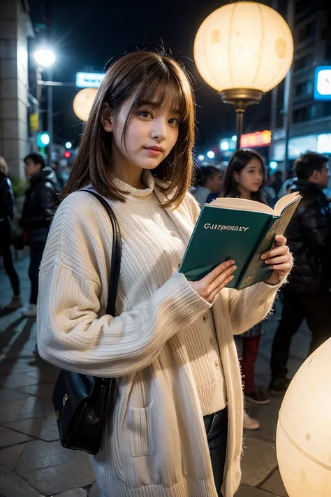 Two hands holding an open book, out of the book came out a planet shaped like a lamp, city bagirl, ckground with people, blurred background, realistic image.