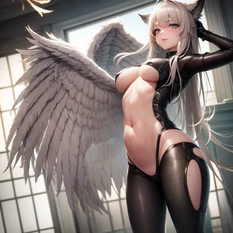 echanis_enicha, simple background, incredible high-key lighting, masterpiece, thighup shot, cowboy shot, high quality, ambient soft lighting, 4K, 1girl, alternate breast size, belly, breasts, big breasts, glowing, long hair, feathered bangs, bangs, feather...