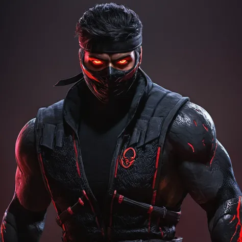 a ninja male character, neon red eyes, detailed face, strong muscular body, dynamic pose, black ninja outfit, full body portrait, cinematic lighting, photorealistic, detailed environment, dark moody atmosphere, vibrant colors, digital art