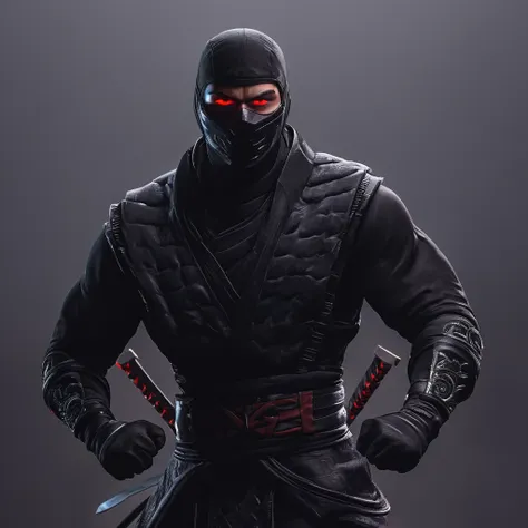 a ninja male character, neon red eyes, detailed face, strong muscular body, dynamic pose, black ninja outfit, full body portrait...