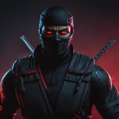 a ninja male character, neon red eyes, detailed face, strong muscular body, dynamic pose, black ninja outfit, full body portrait...