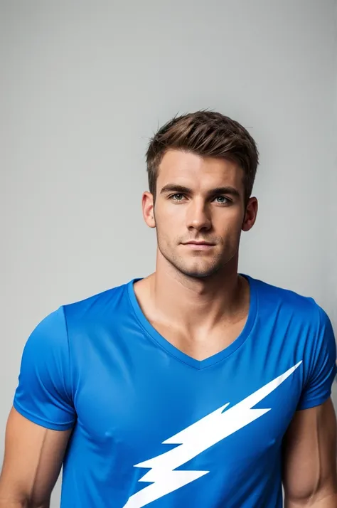 Mens blue volleyball t-shirt with a white background and blue color on the shoulders and Karens text in the middle of the t-shirt and something like lightning on the t-shirt.