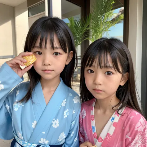 11 year old girl and 10 year old girl　Japanese　Light blue yukata　Realistic Skin　Bigeyes　Eating a Big Mac　フライドポテトを食べている