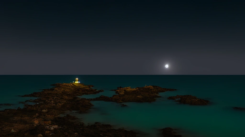 full moon、Quiet Sea、Pitch Black Night、Lighthouse、masterpiece、Highest quality、photograph、Realistic、8K,