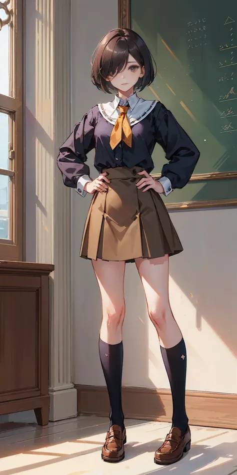 Subject:
Full body standing Catholic school girl young adult
Attire:
Crisp Catholic school uniform (blouse, skirt, tie)
Brown shoes (loafers or mary janes)
Pose:
Hands on hips (conveying confidence or defiance)
Details:
Short bob hairstyle
A single strand ...