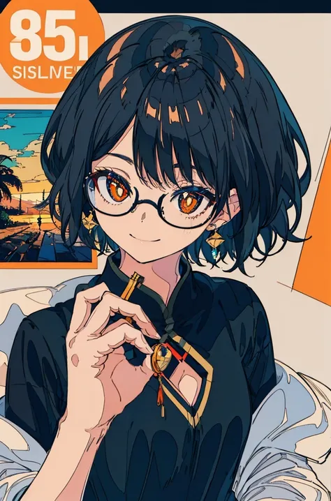 A masterpiece，Black short hair，Side face，Messy hair，Smile slyly，Orange pupils，Font，poster，jump，，Hair Bunch，Black shallow frame glasses，earrings，Black Hoodie，Dress fashionably，Standing picture，laid back，best quality, Illustration style，Large aperture portra...