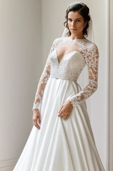 Best quality, 8k, 32k, Masterpiece, Masterpiece, (Photorealistic: 1.4), RAW photo, ultra realistic, a model wearing a long sleeves wedding dress,  full length view, model standing in a white room with a minimalist design, featuring white walls and a clean,...