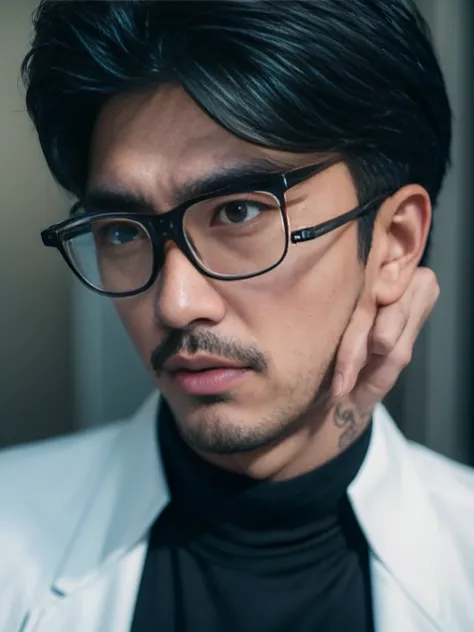 Realistic ultra-detailed a asian men with talking on a cell phone from the webtoon Wind Breaker. ((glasses)), He has black hair, lip incision, ((tatto in his neck and chest)). Use a 70mm lens for a stunning portrayal."