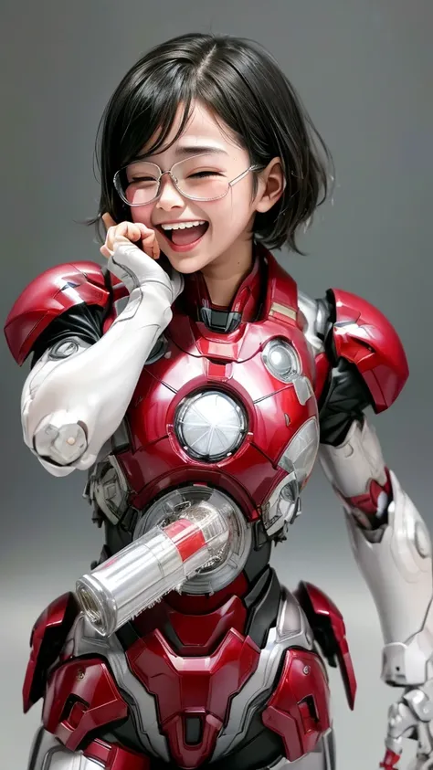 Highest quality　8k Iron Man Suit Girl　Kindergarten girl　Sweaty face　cute　short hair　boyish　Steam coming out of my head　My hair is wet with sweat　The feel of black hair　whole bodyポートレート　My upper body is soaked　Glasses　smile　Laughing with your mouth open　Swe...