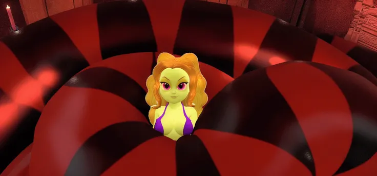 there is a cartoon girl in a purple dress standing in a giant red ball, second life avatar, alien princess, evil princess, from sam and max, succubus in tight short dress, big tentacle sneak around, gorgon, y 2 k cutecore clowncore, in a throne room, sitti...