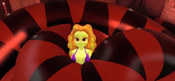 there is a cartoon girl in a purple dress standing in a giant red ball, second life avatar, alien princess, evil princess, from sam and max, succubus in tight short dress, big tentacle sneak around, gorgon, y 2 k cutecore clowncore, in a throne room, sitti...