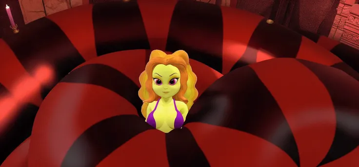 there is a cartoon girl in a purple dress standing in a giant red ball, second life avatar, alien princess, evil princess, from sam and max, succubus in tight short dress, big tentacle sneak around, gorgon, y 2 k cutecore clowncore, in a throne room, sitti...