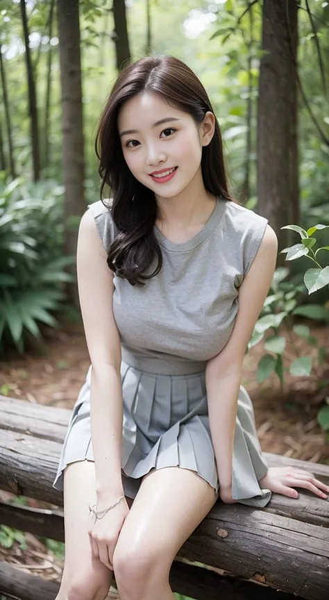 Highest quality, 1 beautiful woman, 28 years old,  Large breast bulges, s, 35mm lens, F/1, Cowboy shot, Specific Background、(A girl in the forest), Perm、sweat　((light gray shirt)), sleeveless,((Short pleated skirt:1.3))，(a charming smile:1.2), White shoes，...