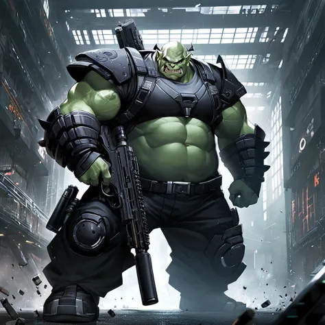 Action shot of an bulky male orc, cyberware, cyberpunk clothing, wielding sawn-off shotgun