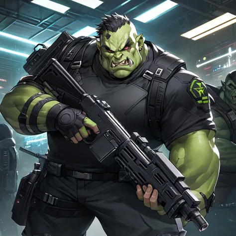 Action shot of an bulky male orc, cyberware, cyberpunk clothing, wielding sawn-off shotgun