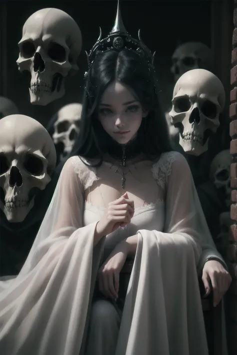 {-erro_de_anatomia:1.0} woman 30 years old, victorian era,victorian clothes, (white dress), dark castle, a woman (witchcraft), very long black hair (black hair), (gray eyes) . Indifferent look , merciless. among the skulls, dinamic poses, egoist smile, upp...