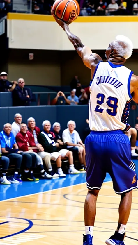 Elderly basketball player、He takes a decisive dunk shot and hangs from the hoop、From above、The spectators cheer