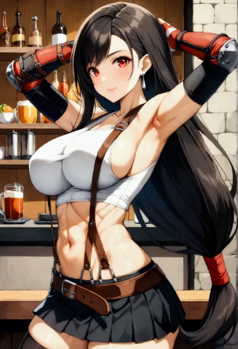 score_9, score_8_up, score_7_up,source_anime BREAK ,from side,side view. 1girl, tifa lockhart, final fantasy,(beautiful woman). black hair, low-tied long hair, red eyes, bangs, white tank top,gap, belt, pleated skirt, thighhighs, elbow fingerless gloves, e...