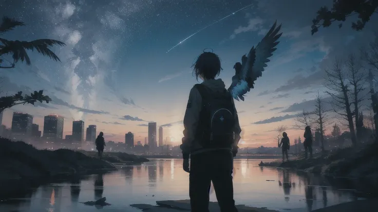 真っ暗なnight空,Octane, star (null), scenery, Blue parakeet,The acoustic guitar is in front of the body.,star, night, A girl and a boy standing back to back, Back view, alone, Outdoor, city,river,Blue parakeet,building, cloud, 天のriver,silhouette