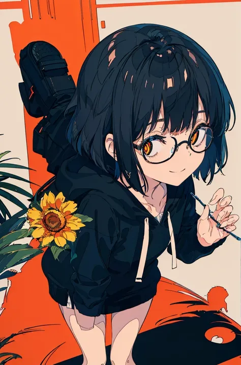 A masterpiece，Black short hair，Side face，Messy hair，Smile slyly，Orange pupils，Font，poster，jump，，Hair Bunch，Black shallow frame glasses，Black Hoodie，Dress fashionably，Standing picture，laid back，best quality, Illustration style，Large aperture portrait， Anime...