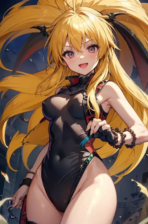 xiaomu,ahoge,yellow hair,ponytail,fox ears,(black leotard,Dragon Embroidery,Intricate detailed:1.3),fingerless gloves,jewelry,bracelet,smile,open mouth,middle breasts,slender,Thighs,chibi,(white panty),panty shot, (dynamic pose),masterpiece,Noise Reduction...