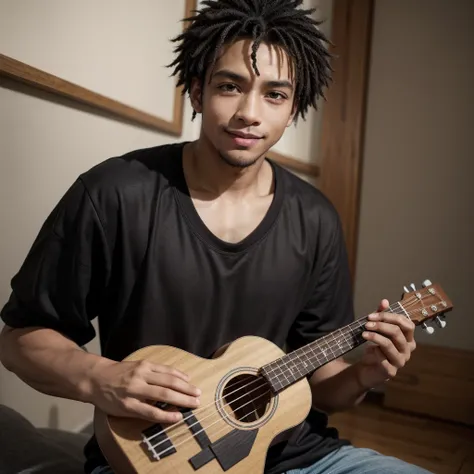 black male, imposing posture, With a little smile on your face, the way you want, curry hair, big, light brown eyes, playing the ukulele wearing casual clothes,