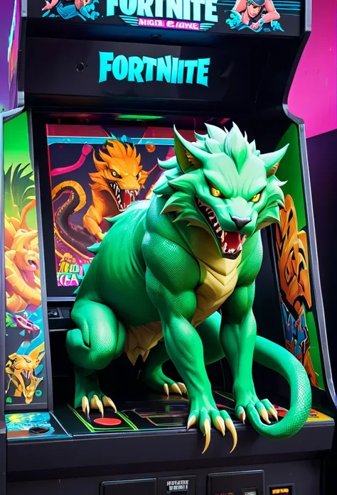 cerberus (fortnite), rating_safe, green body, green eyes,glowing eyes,fangs,claws,tail,snake tail,
(playing on a 80s arcade vide...