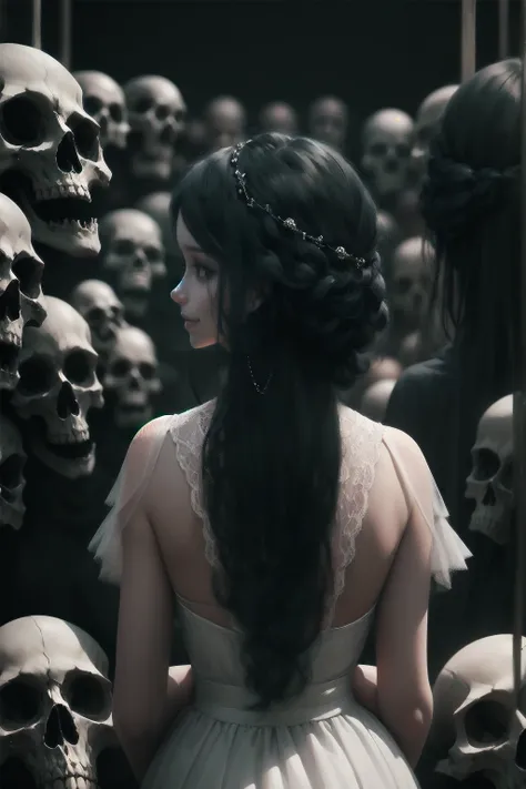 {-erro_de_anatomia:1.0} woman 30 years old, victorian era,victorian clothes, (white dress), dark castle, a woman (witchcraft), very long black hair (black hair), (gray eyes) . Indifferent look , merciless. among the skulls, dinamic poses, egoist smile, upp...