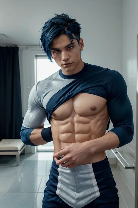 Boku no Hero Academia a tall young man with a lean toned of very muscular build, and is considered relatively attractive. He has fair skin, spiky dark blue hair, with a single white streak on his hair hair. His eyes have been described to be incredibly rar...