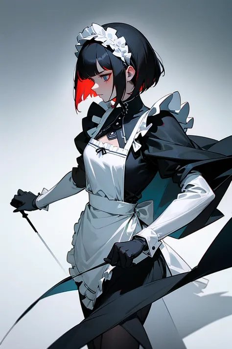 A detailed character design of a young woman with a bob haircut and black hair with red highlights at the tips. She has a fair complexion and wears a white and black maid outfit with intricate detailing. The outfit includes a white frilled headband, a blac...