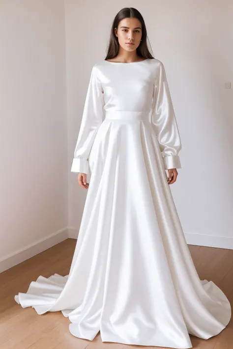 Best quality, 8k, 32k, Masterpiece, Masterpiece, (Photorealistic: 1.4), RAW photo, ultra realistic, 1girl, Fashion model, Wearing a long sleeves wedding dress, satin fabric, full length view, pose Stand upright in white room with a minimalist design, featu...