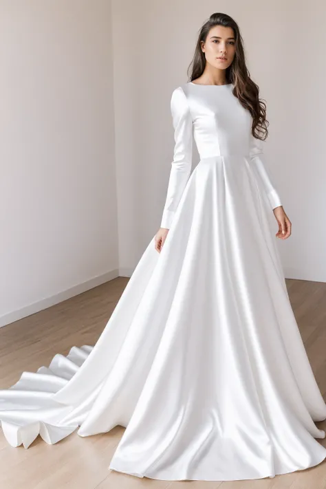 Best quality, 8k, 32k, Masterpiece, Masterpiece, (Photorealistic: 1.4), RAW photo, ultra realistic, 1girl, Fashion model, Wearing a long sleeves wedding dress, satin fabric, full length view, pose Stand upright in white room with a minimalist design, featu...