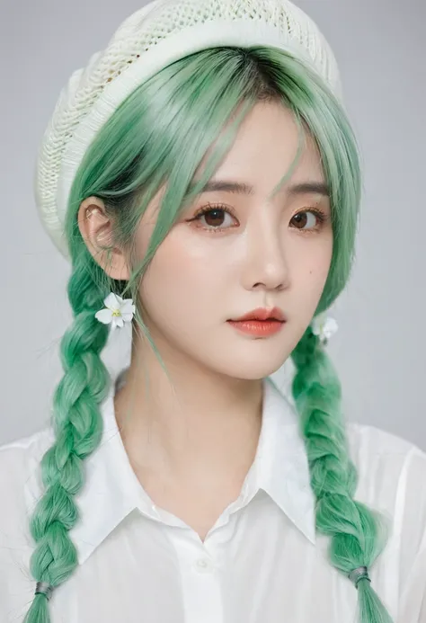 1 Girl, (Eye bags:1.5), Mint green hair, twin_Weaving, White beret, White shirt, Flower tie