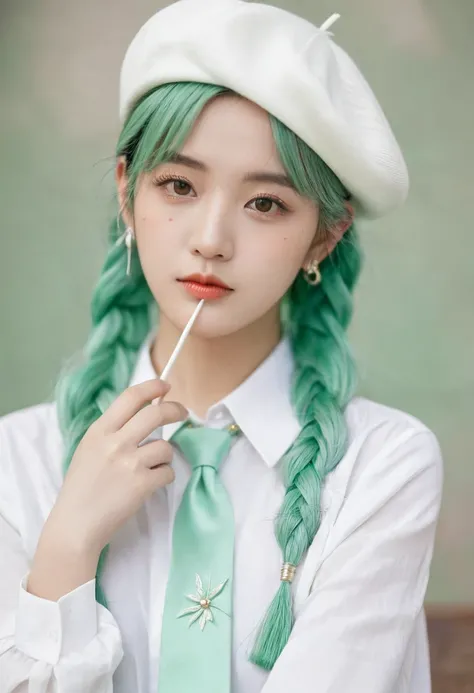 1 Girl, (Eye bags:1.5), Mint green hair, twin_Weaving, White beret, White shirt, Flower tie