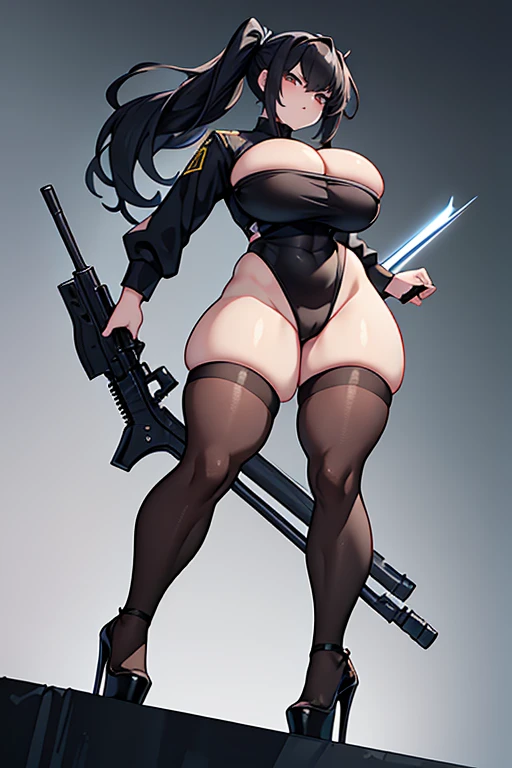  thick hips,  thick thighs, platform heels, high cut leotard, bandeau top, huge breast, thin waist, ponytails hair, weapon, pale skin, gun, angry look,  scream, thick body, military camouflage, 