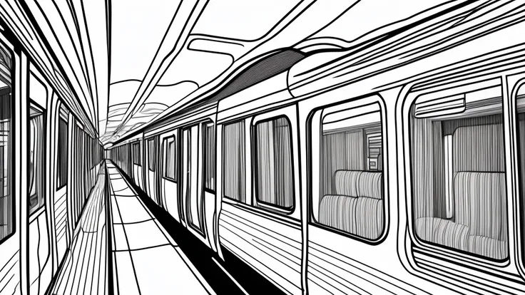 Draft line drawing, thin lines by Sobe, a punch-like touch, the interior of a white train