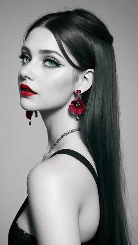 DigiArt Style, 1girl, solo, looking at viewer, long hair, monochrome, greyscale, earrings, red lips, BREAK, deep green eyes, petals, eyelashes, shoulder tattoo, makeup, watermark, piercing, ear piercing, portrait,, 