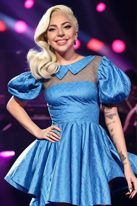 lady gaga smiling, wearing CadetBlue patterned dress, stage, smiling, lights